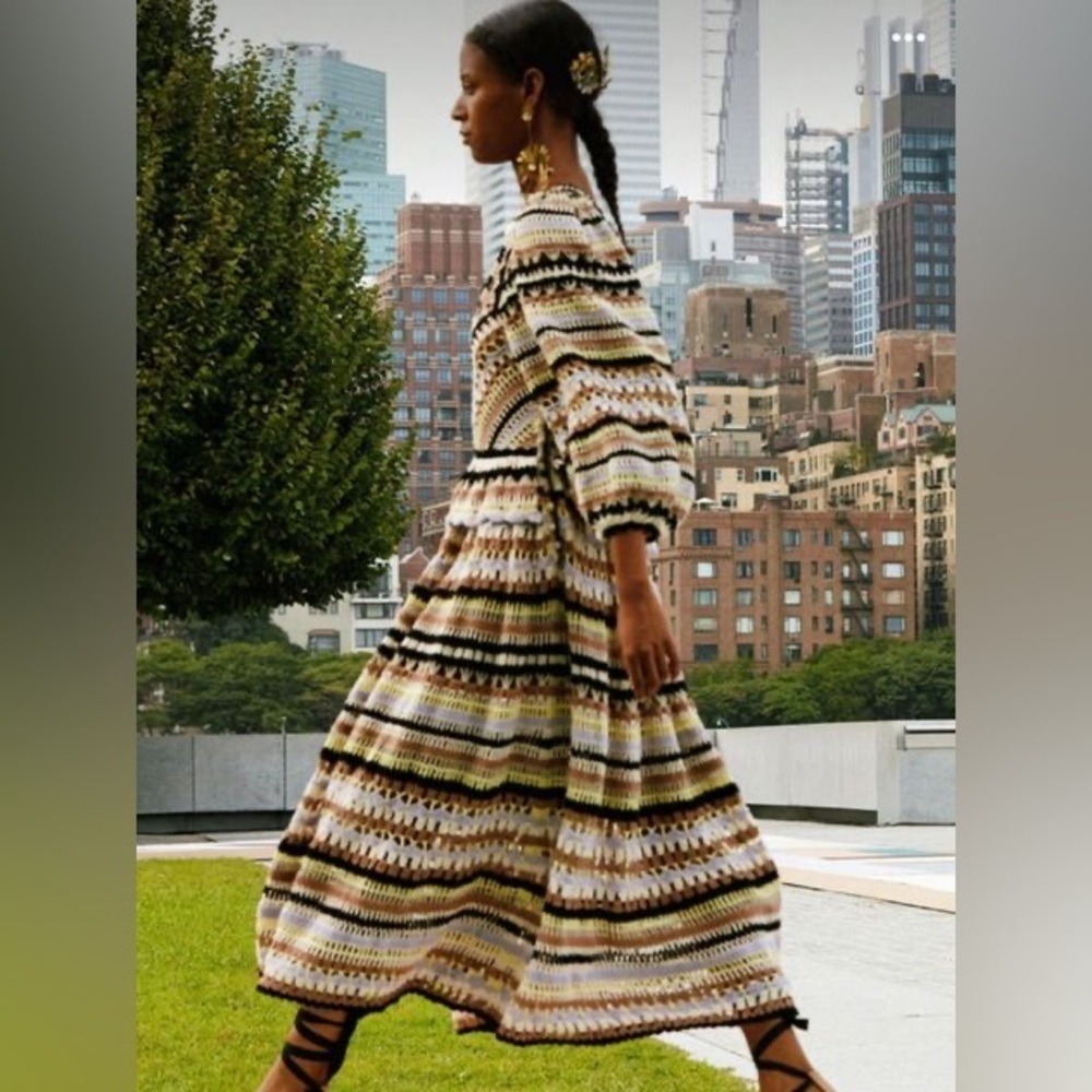 NWT Ulla Johnson Delfina Striped Crochet Cotton Midi Dress Ecru Size small